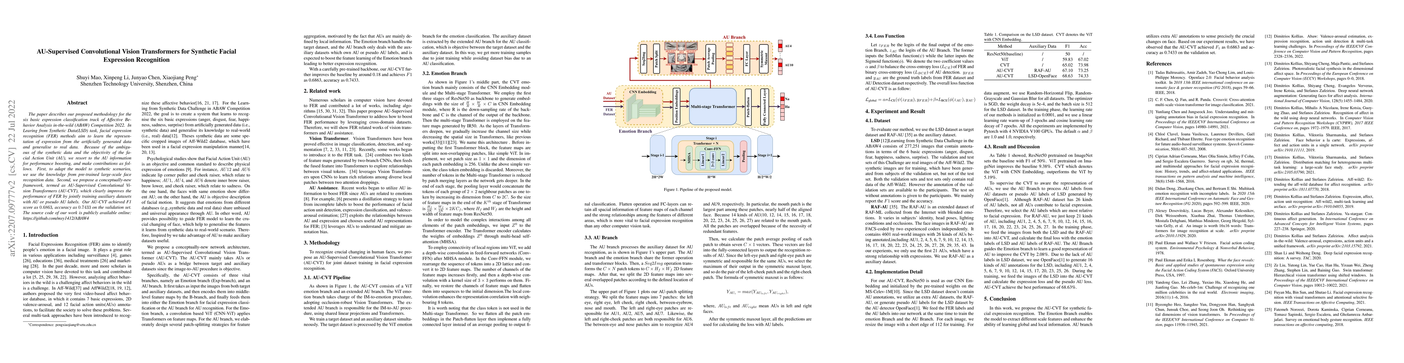 Thumbnail for AU-Supervised Convolutional Vision Transformers for Synthetic Facial
  Expression Recognition