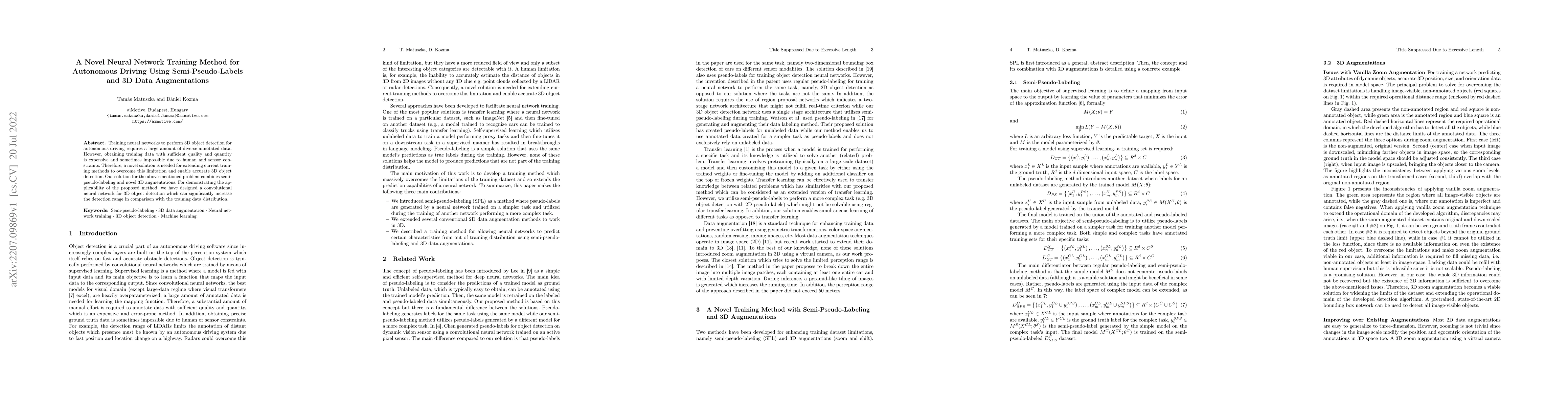 Thumbnail for A Novel Neural Network Training Method for Autonomous Driving Using
  Semi-Pseudo-Labels and 3D Data Augmentations