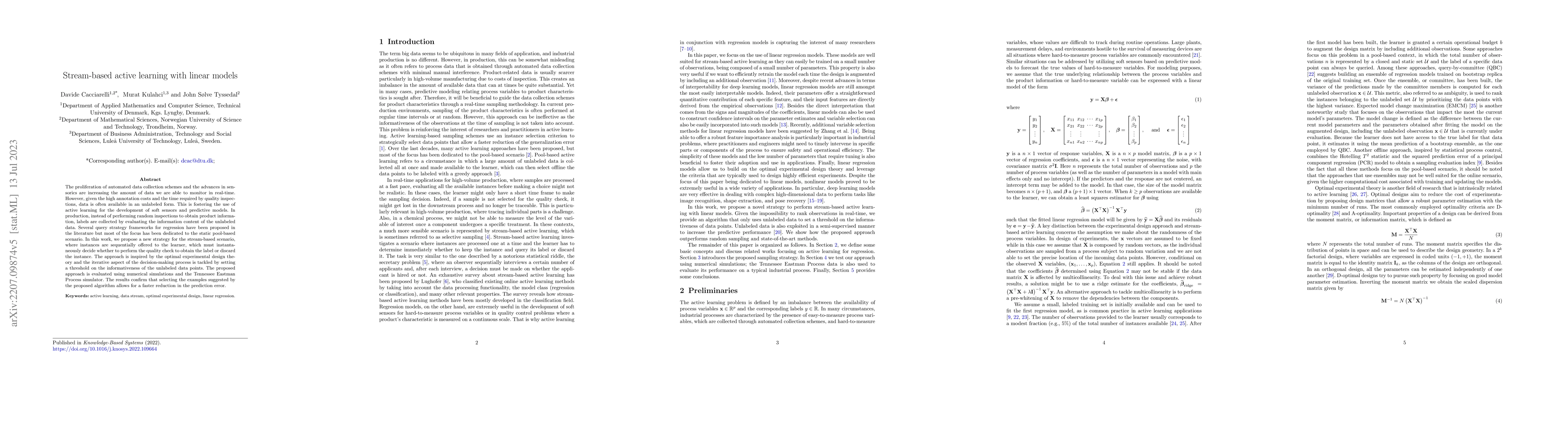 Thumbnail for Stream-based active learning with linear models