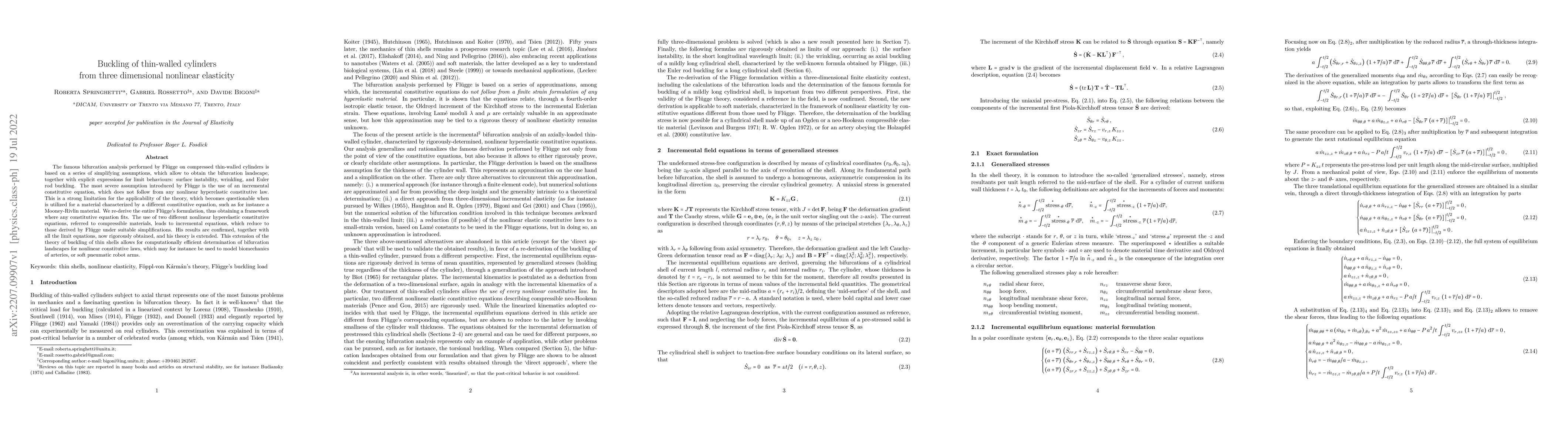 Thumbnail for Buckling of thin-walled cylinders from three dimensional nonlinear
  elasticity