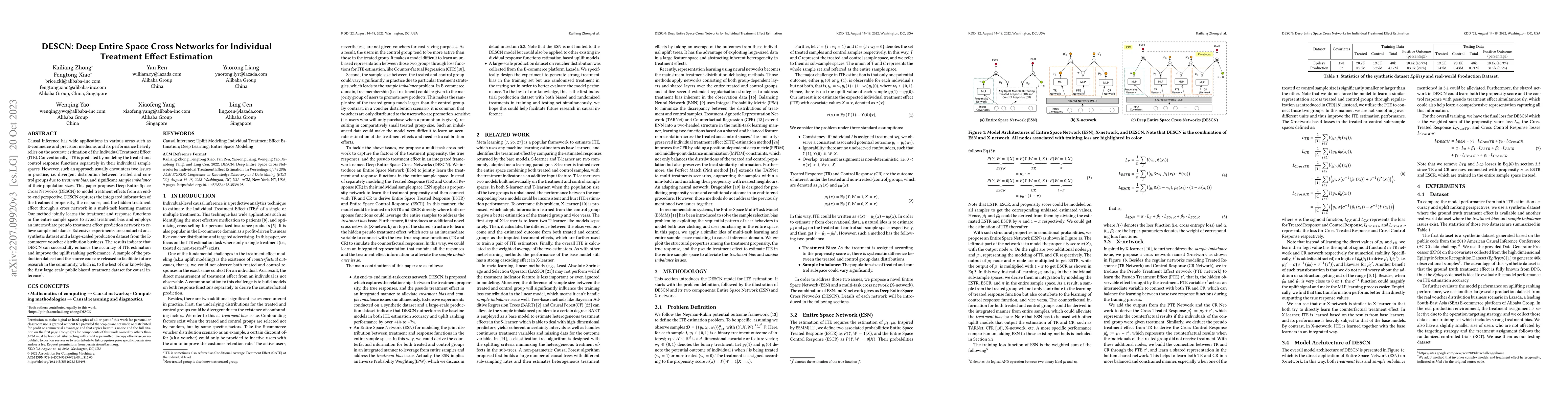 Thumbnail for DESCN: Deep Entire Space Cross Networks for Individual Treatment Effect
  Estimation