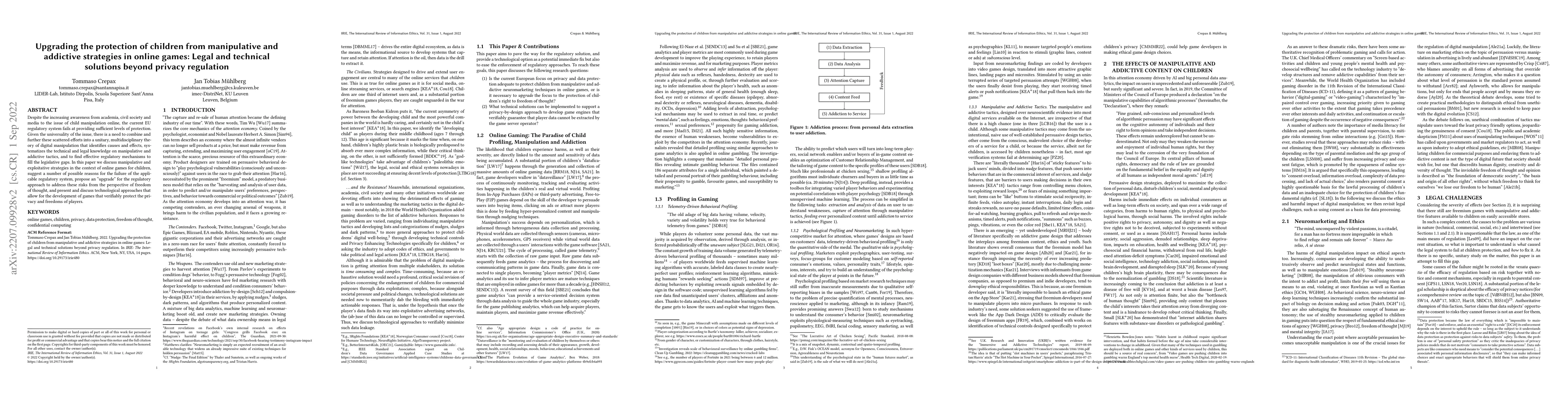Thumbnail for Upgrading the protection of children from manipulative and addictive
  strategies in online games: Legal and technical solutions beyond privacy
  regulation