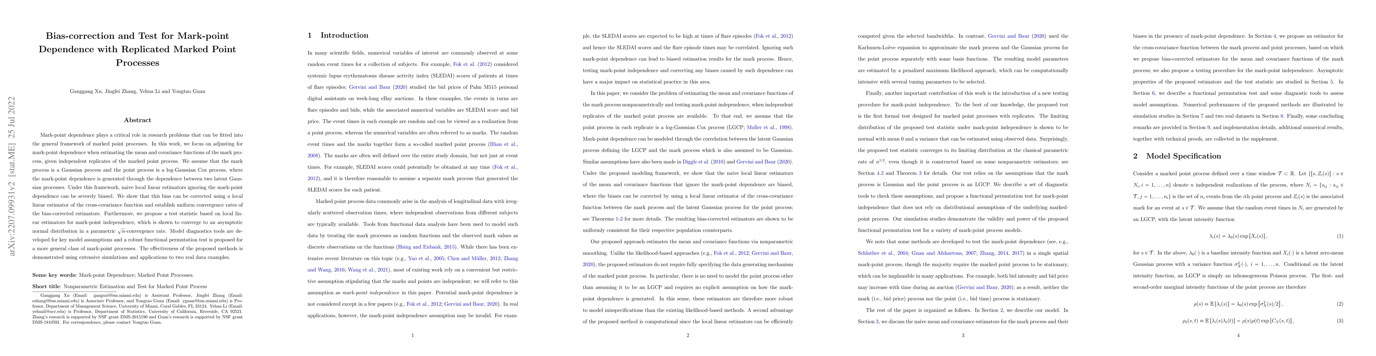 Thumbnail for Bias-correction and Test for Mark-point Dependence with Replicated
  Marked Point Processes