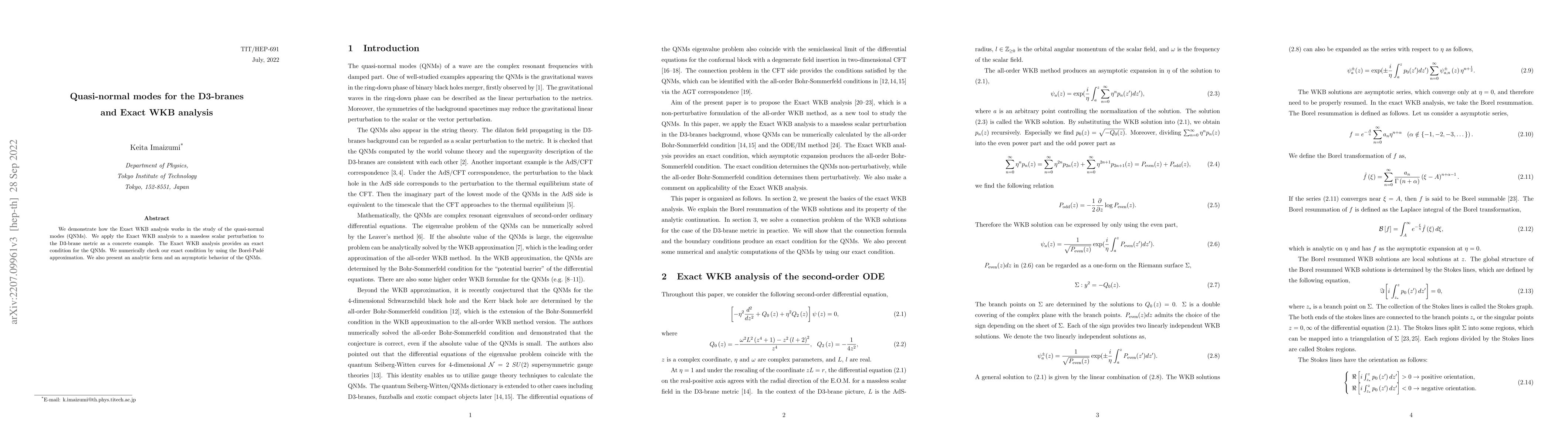 Thumbnail for Quasi-normal modes for the D3-branes and Exact WKB analysis