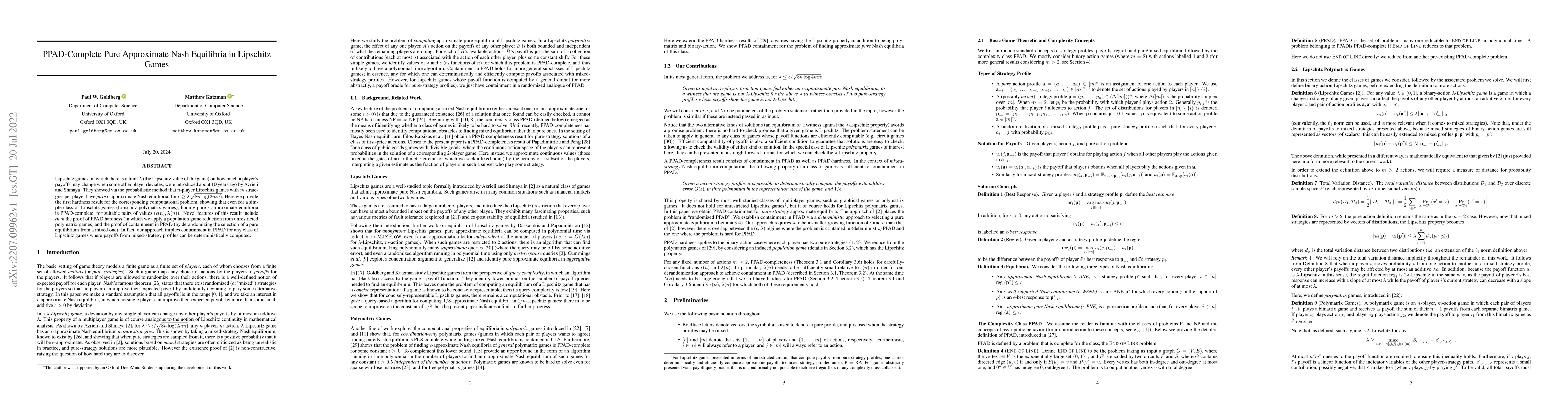 Thumbnail for PPAD-Complete Pure Approximate Nash Equilibria in Lipschitz Games