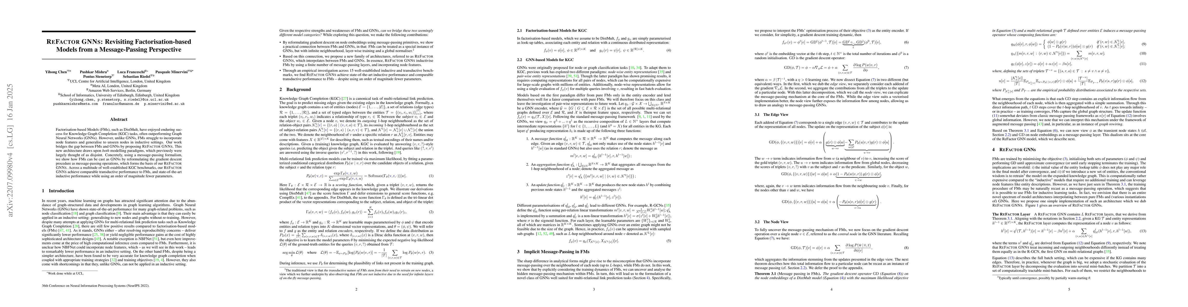Thumbnail for ReFactor GNNs: Revisiting Factorisation-based Models from a
  Message-Passing Perspective