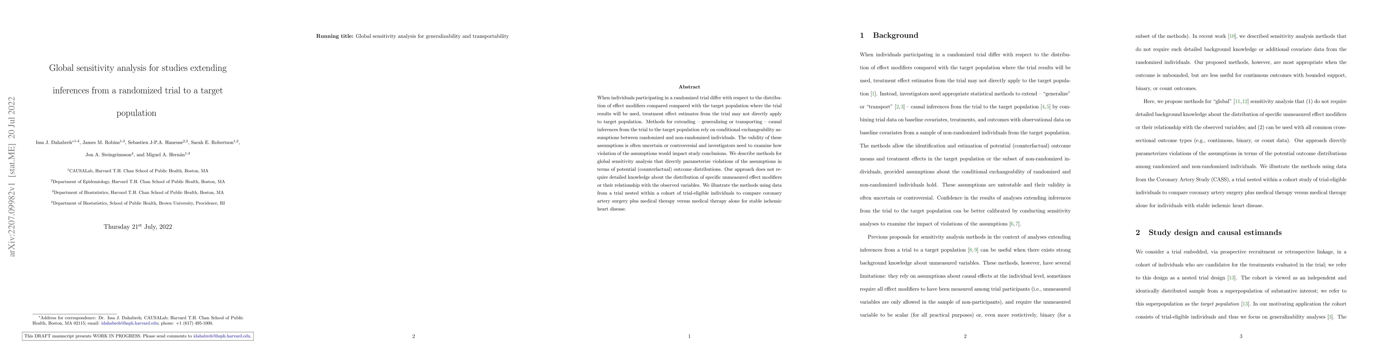 Thumbnail for Global sensitivity analysis for studies extending inferences from a
  randomized trial to a target population