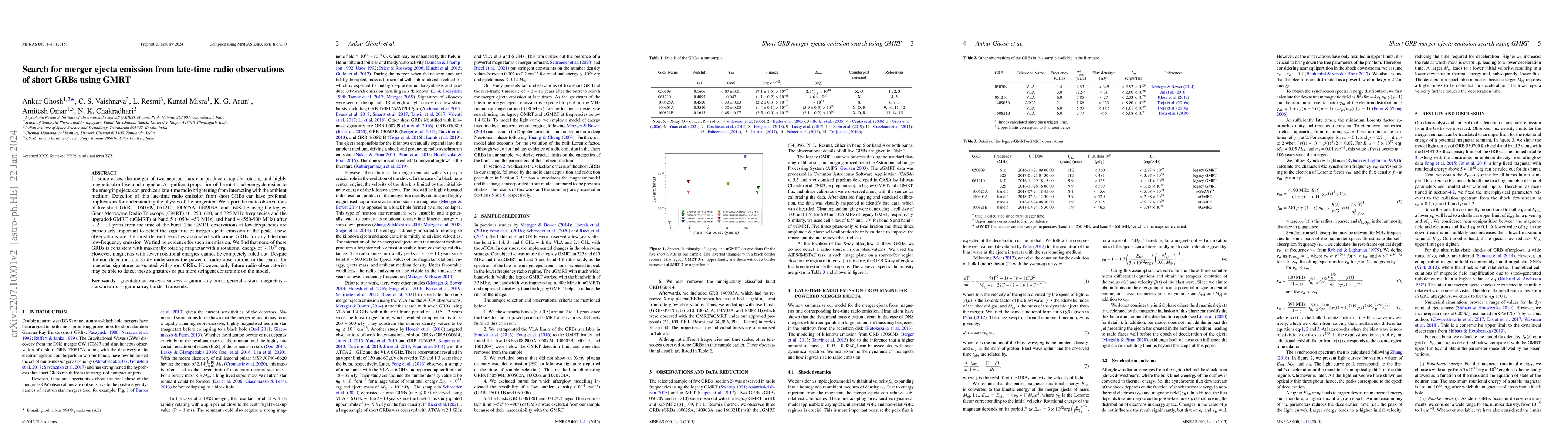 Thumbnail for Search for merger ejecta emission from late time radio observations of
  short GRBs using GMRT