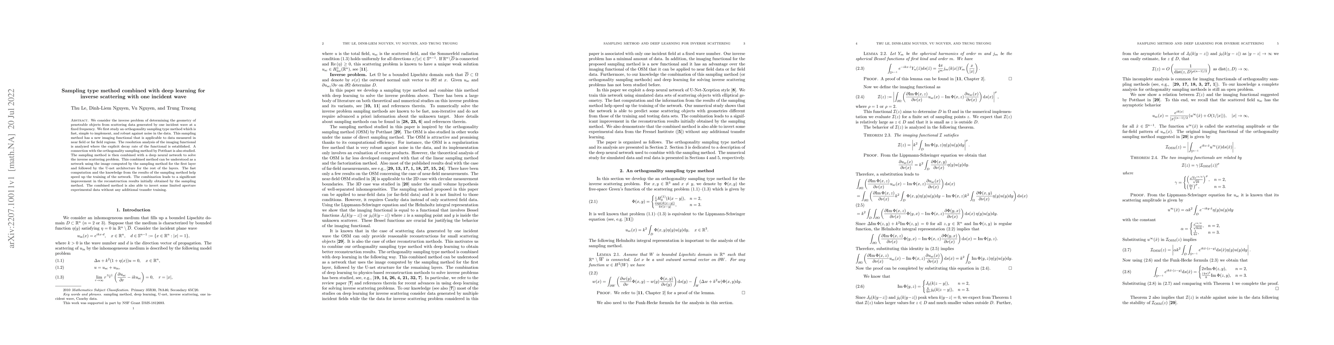 Thumbnail for Sampling type method combined with deep learning for inverse scattering
  with one incident wave