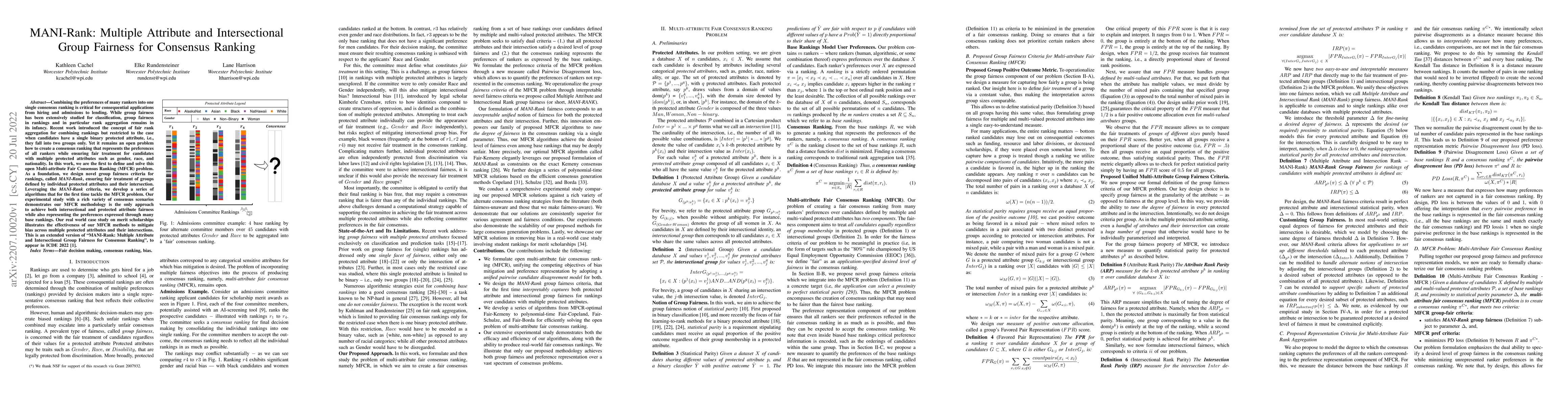 Thumbnail for MANI-Rank: Multiple Attribute and Intersectional Group Fairness for
  Consensus Ranking