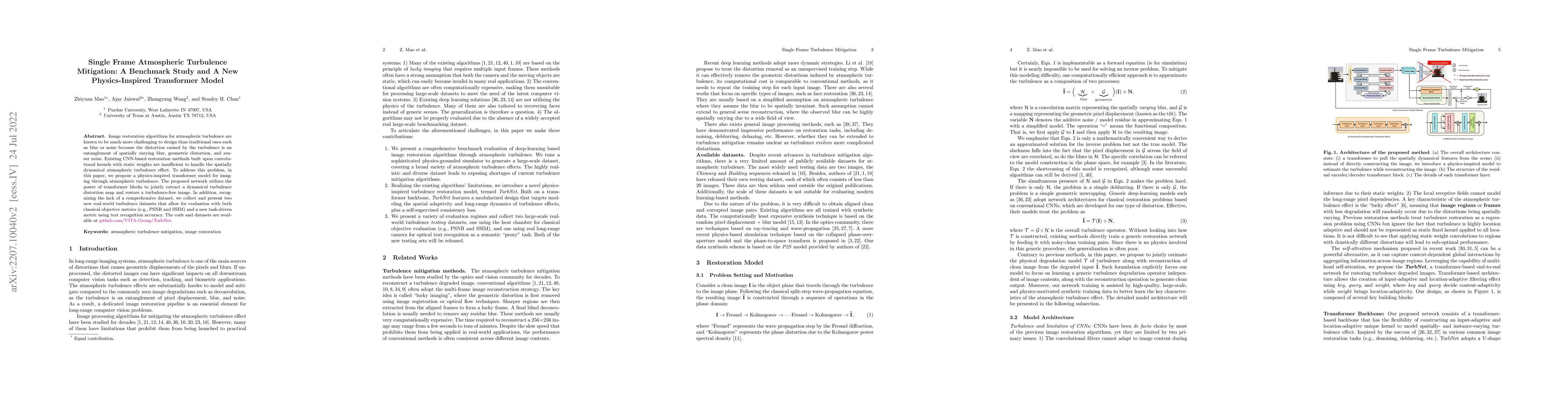 Thumbnail for Single Frame Atmospheric Turbulence Mitigation: A Benchmark Study and A
  New Physics-Inspired Transformer Model