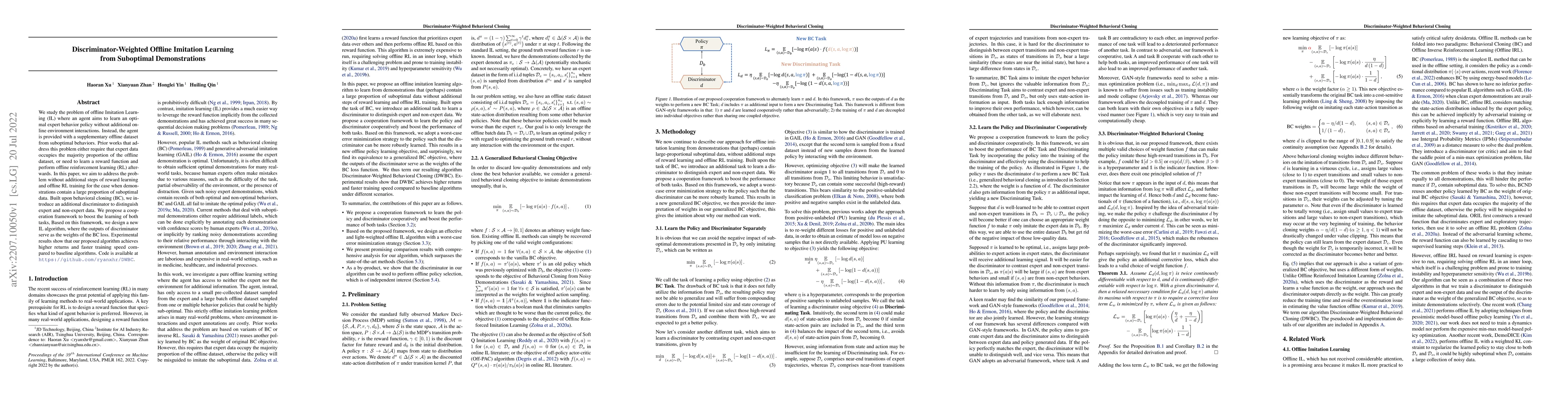 Thumbnail for Discriminator-Weighted Offline Imitation Learning from Suboptimal
  Demonstrations