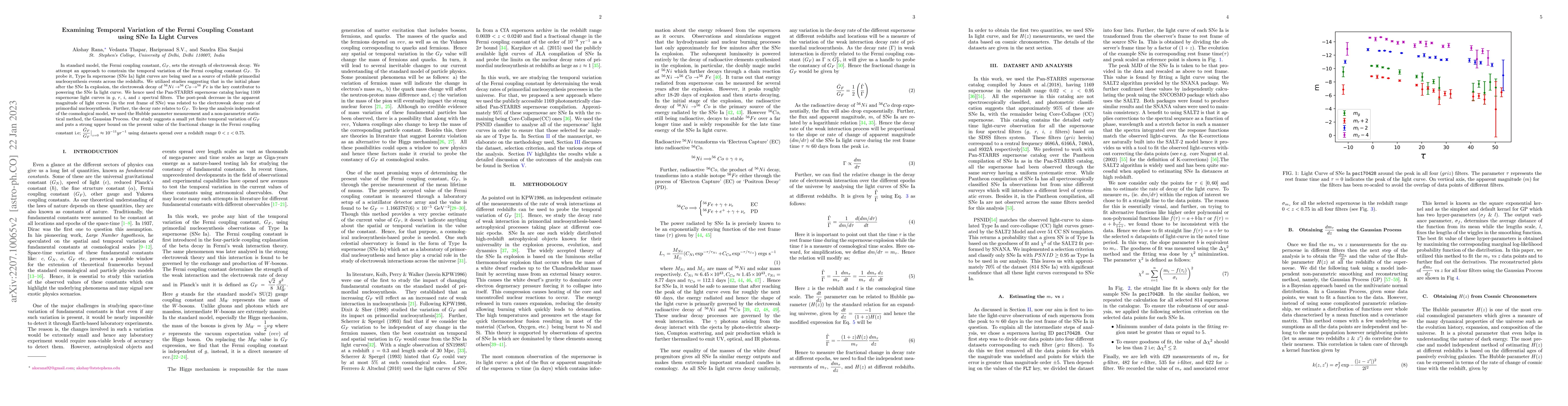Thumbnail for Examining Temporal Variation of the Fermi Coupling Constant using SNe Ia
  Light Curves