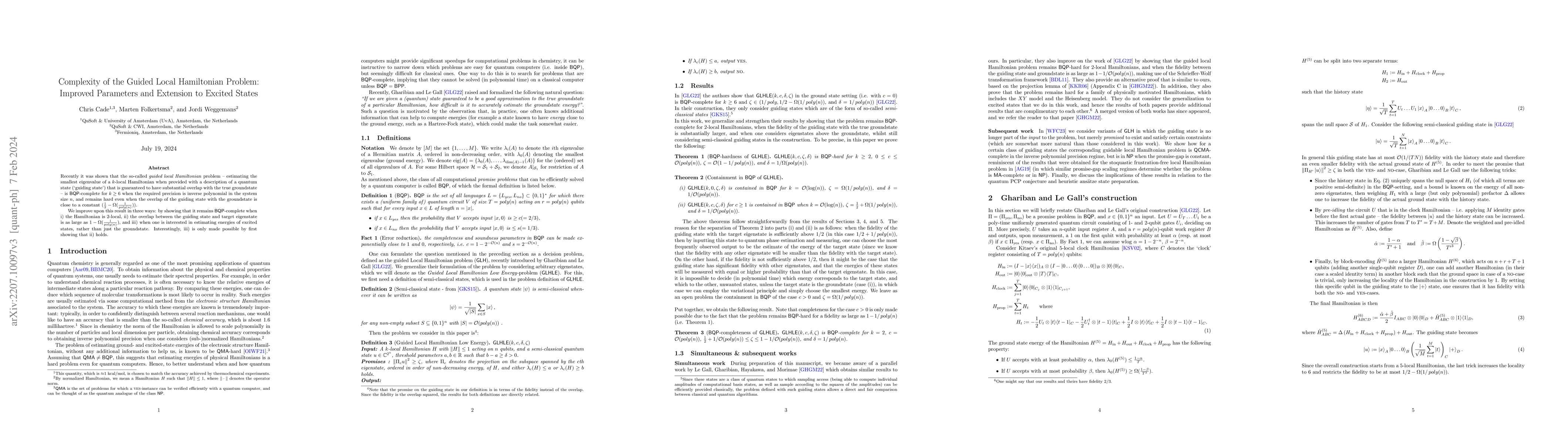 Thumbnail for Complexity of the Guided Local Hamiltonian Problem: Improved Parameters
  and Extension to Excited States