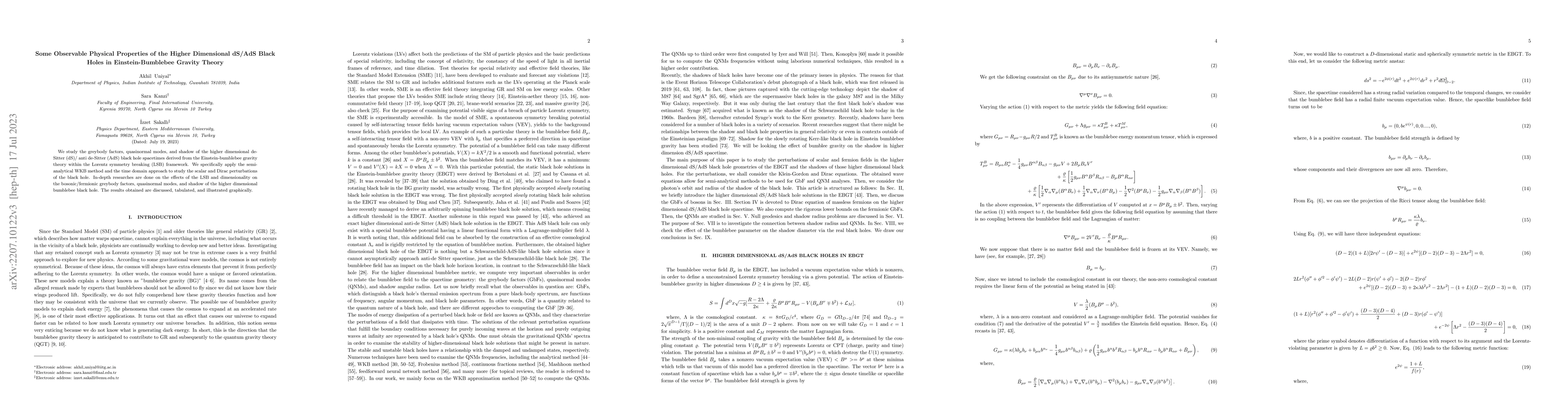 Thumbnail for Some Observable Physical Properties of the Higher Dimensional dS/AdS
  Black Holes in Einstein-Bumblebee Gravity Theory