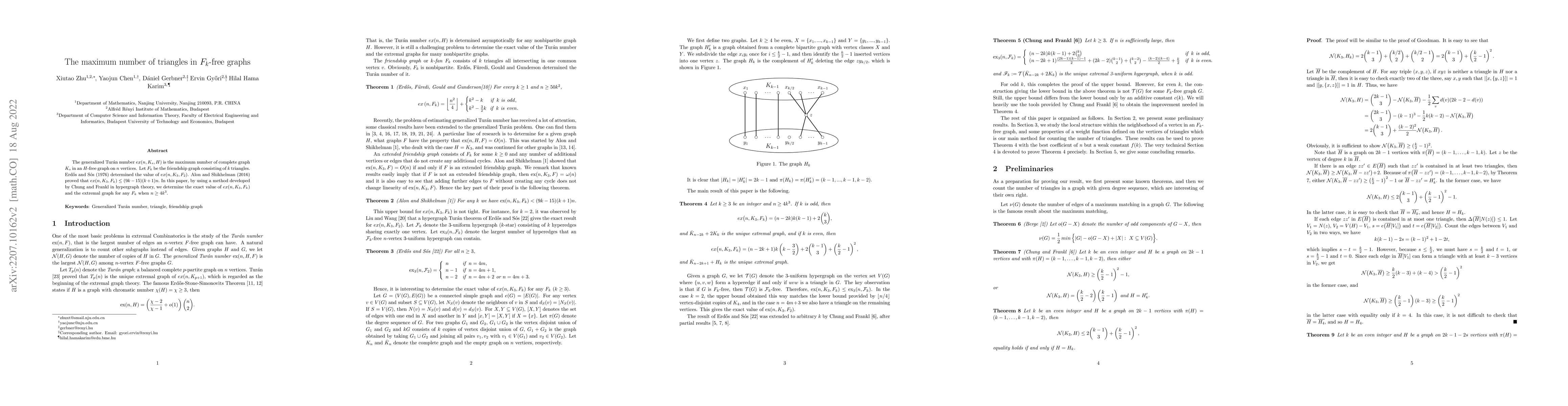 Thumbnail for The maximum number of triangles in $F_k$-free graphs