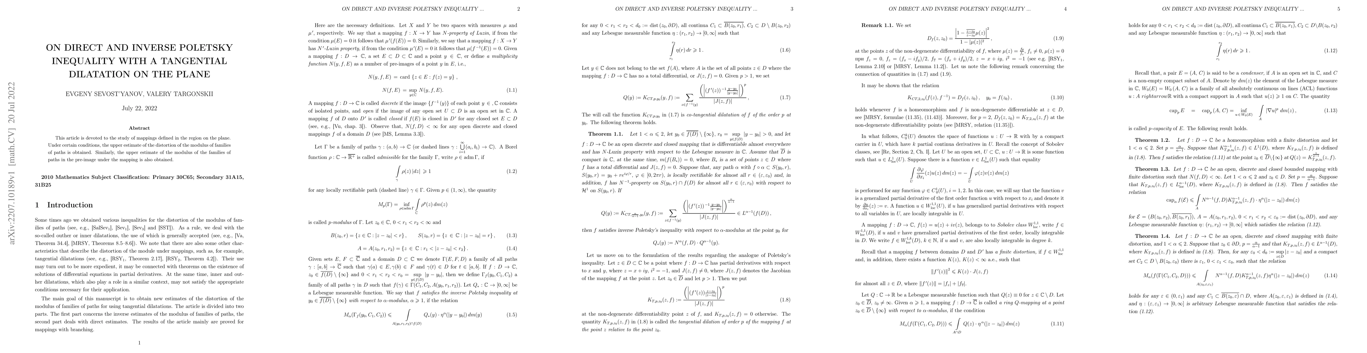 Thumbnail for On direct and inverse Poletsky inequality with a tangential dilatation
  on the plane