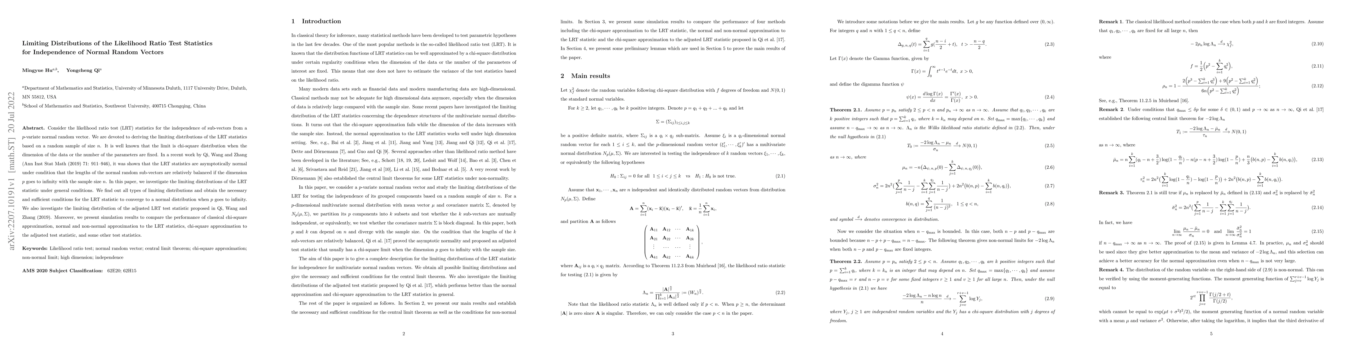 Thumbnail for Limiting distributions of the likelihood ratio test statistics for
  independence of normal random vectors