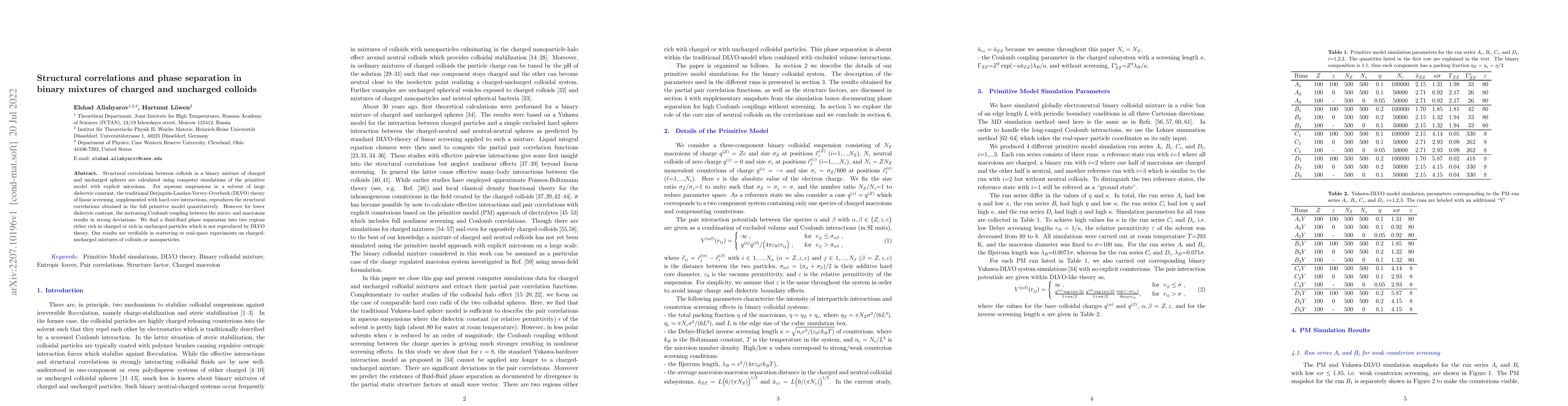 Thumbnail for Structural correlations and phase separation in binary mixtures of
  charged and uncharged colloids