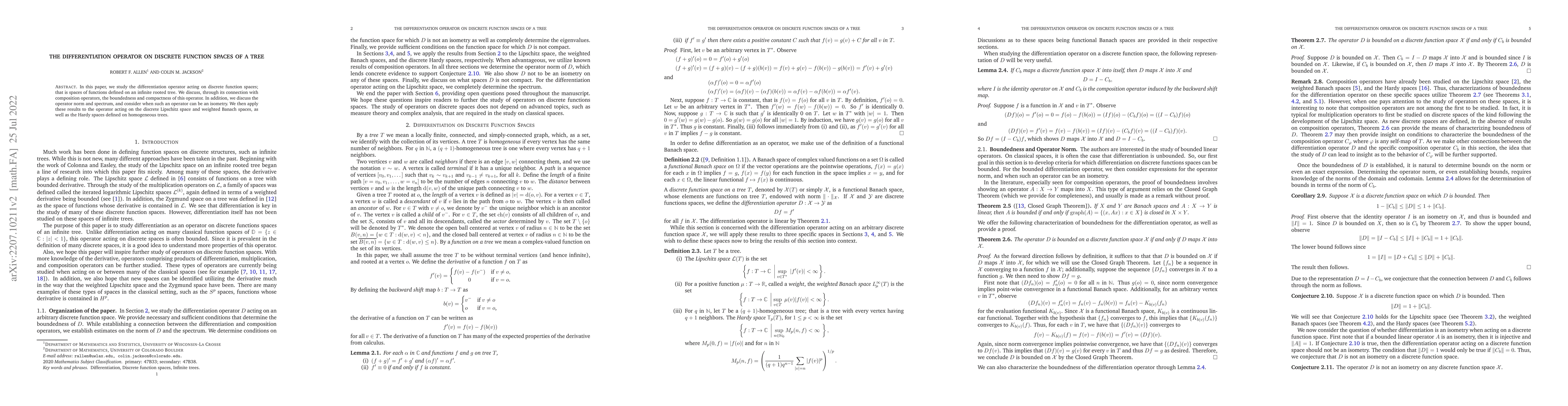 Thumbnail for The differentiation operator on discrete function spaces of a tree
