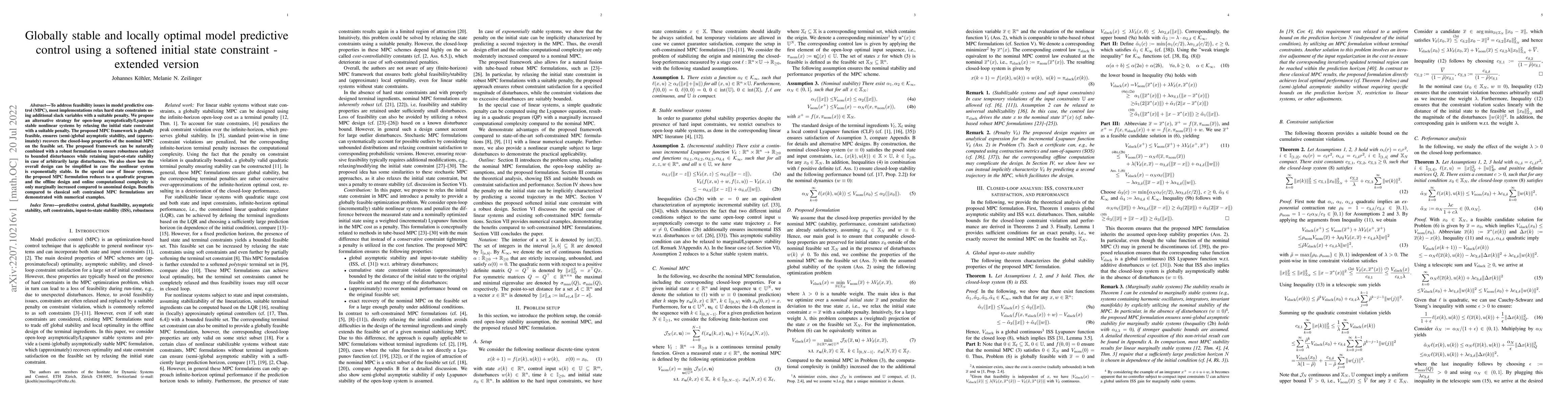 Thumbnail for Globally stable and locally optimal model predictive control using a
  softened initial state constraint -- extended version