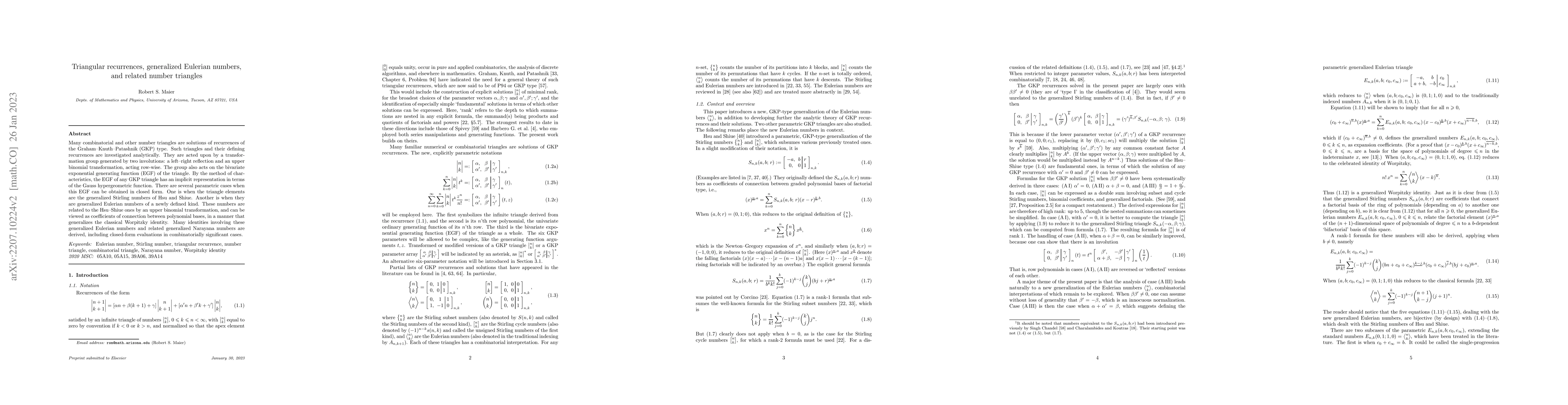Thumbnail for Triangular Recurrences, Generalized Eulerian Numbers, and Related Number
  Triangles