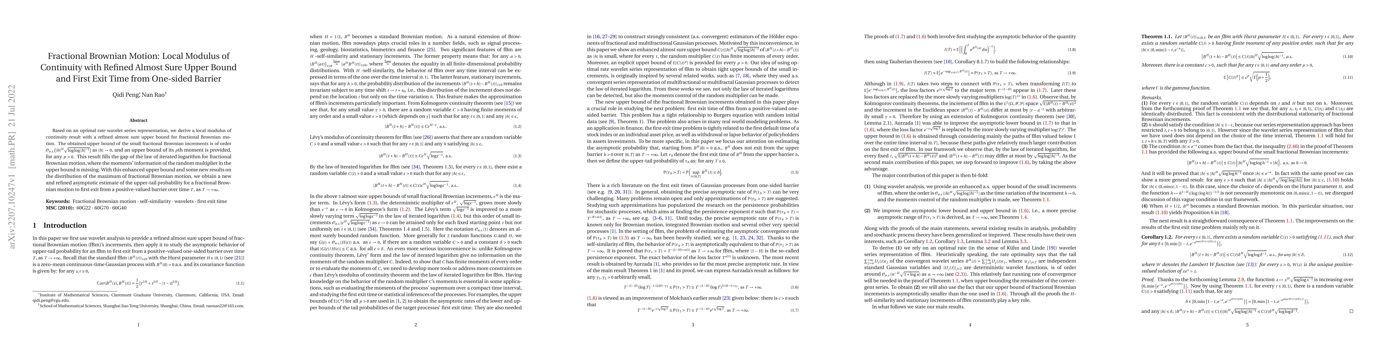 Thumbnail for Fractional Brownian Motion: Local Modulus of Continuity with Refined
  Almost Sure Upper Bound and First Exit Time from One-sided Barrier