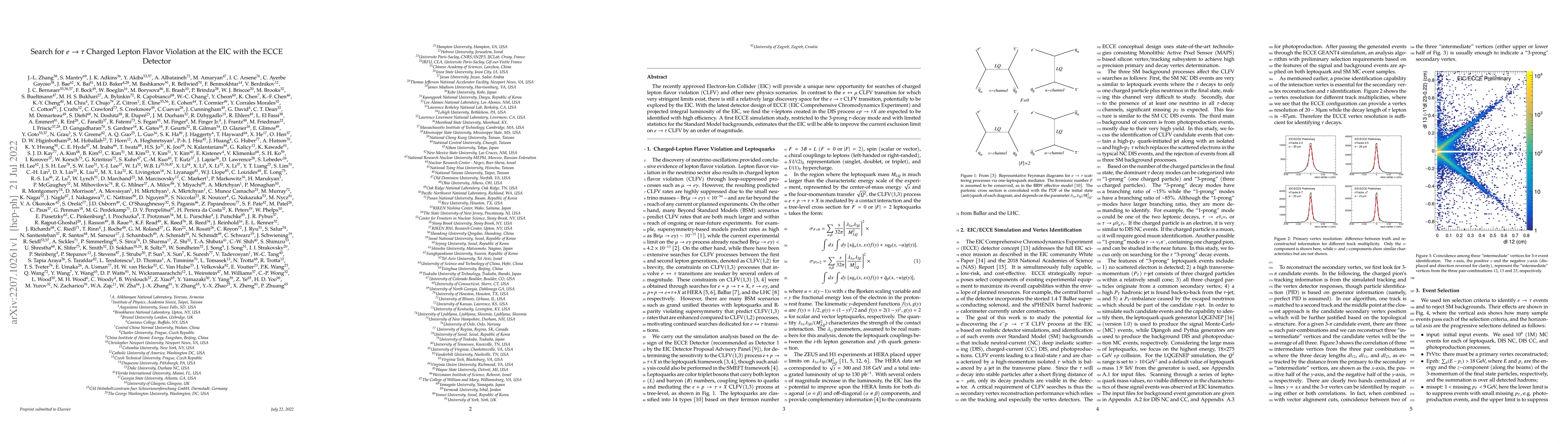 Thumbnail for Search for $e\to\tau$ Charged Lepton Flavor Violation at the EIC with
  the ECCE Detector
