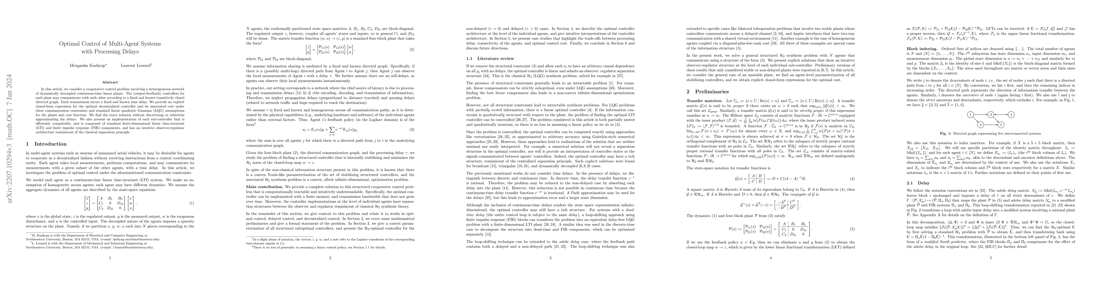 Thumbnail for Optimal Control of Multi-Agent Systems with Processing Delays