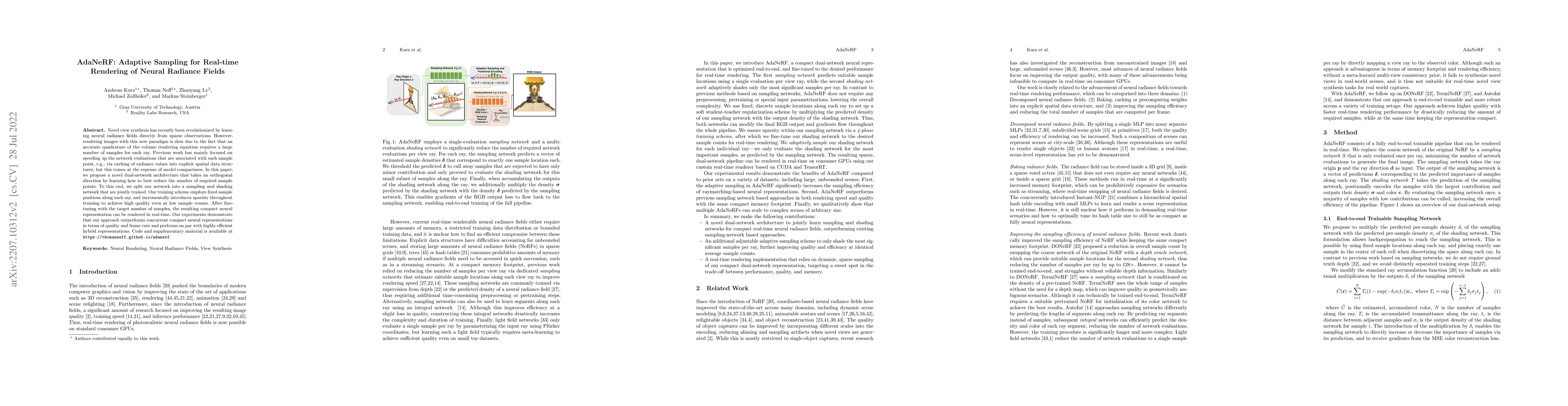 Thumbnail for AdaNeRF: Adaptive Sampling for Real-time Rendering of Neural Radiance
  Fields