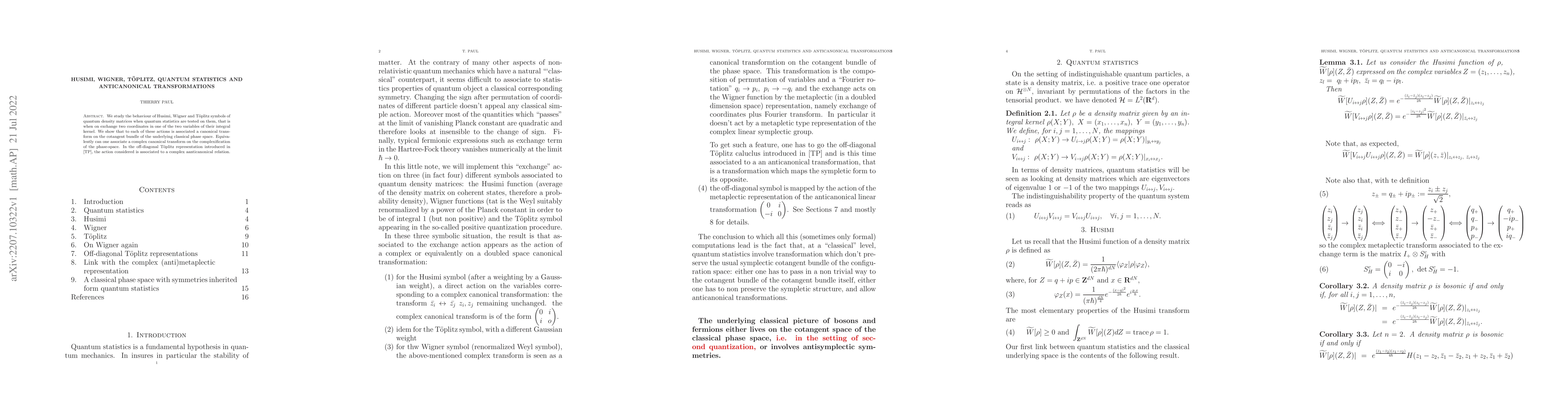 Thumbnail for Husimi, Wigner, T{\"o}plitz, quantum statistics and anticanonical
  transformations