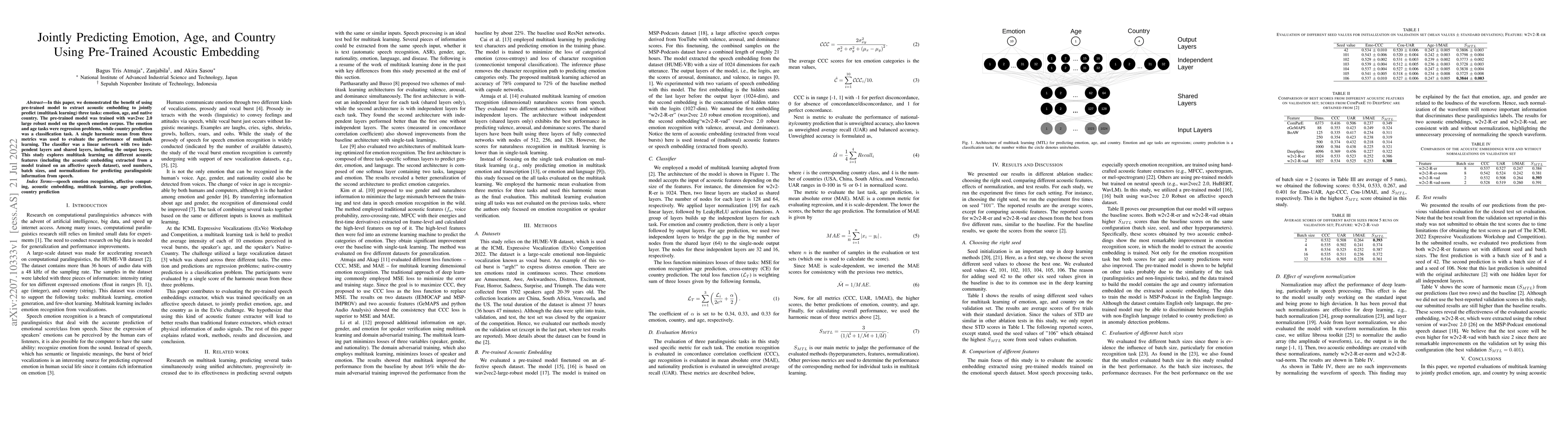 Thumbnail for Jointly Predicting Emotion, Age, and Country Using Pre-Trained Acoustic
  Embedding