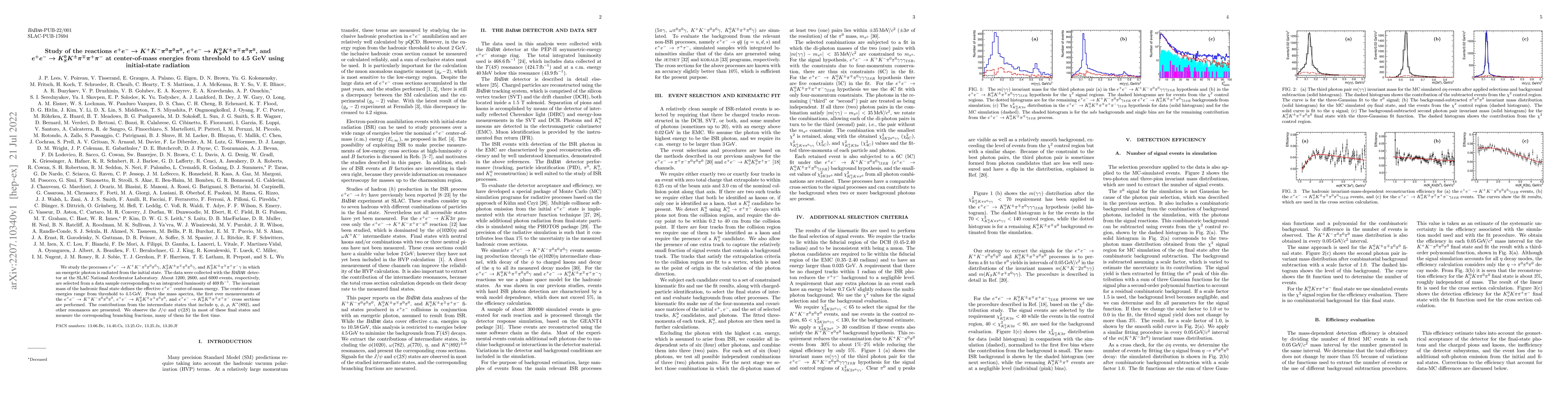 Thumbnail for Study of the reactions $e^+e^-\to K^+K^-\pi^0\pi^0\pi^0$, $e^+e^-\to
  K^{0}_{S}K^{\pm}\pi^{\mp}\pi^0\pi^0$, and $e^+e^-\to
  K^{0}_{S}K^{\pm}\pi^{\mp}\pi^+\pi^-$ at center-of-mass energies from
  threshold to 4.5 GeV using ISR