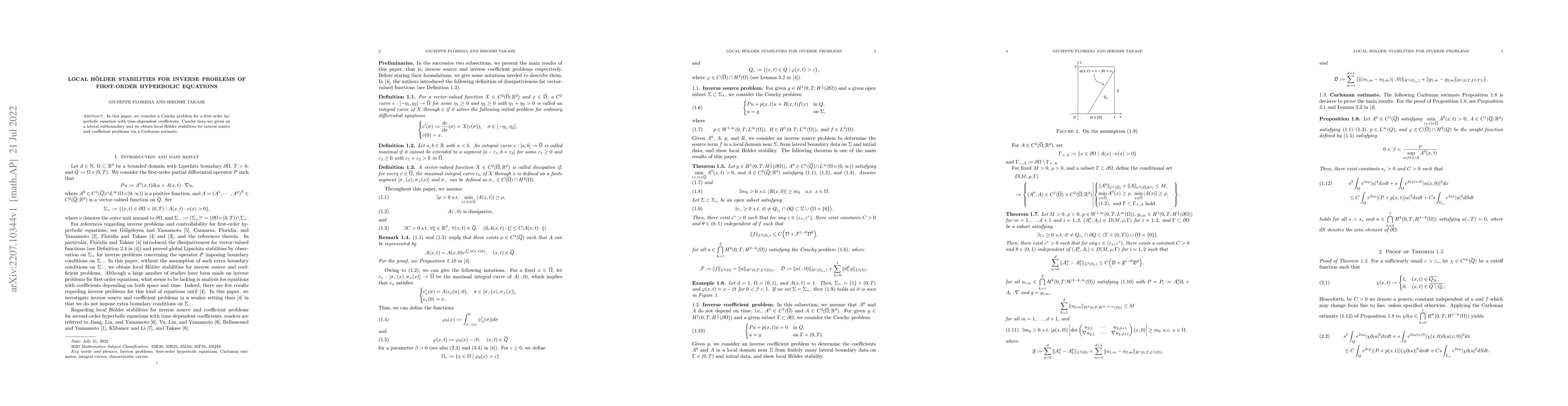 Thumbnail for Local H\"older stabilities for inverse problems of first-order
  hyperbolic equations