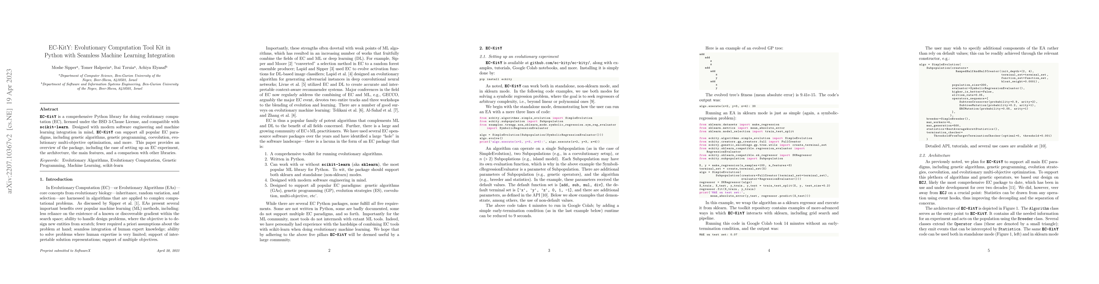 Thumbnail for EC-KitY: Evolutionary Computation Tool Kit in Python with Seamless
  Machine Learning Integration