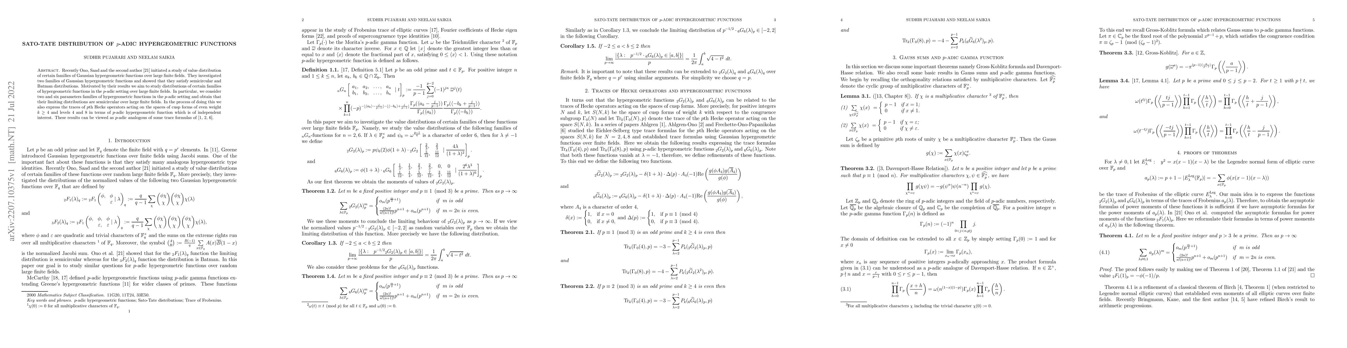 Thumbnail for Sato-Tate Distribution of $p$-adic hypergeometric functions