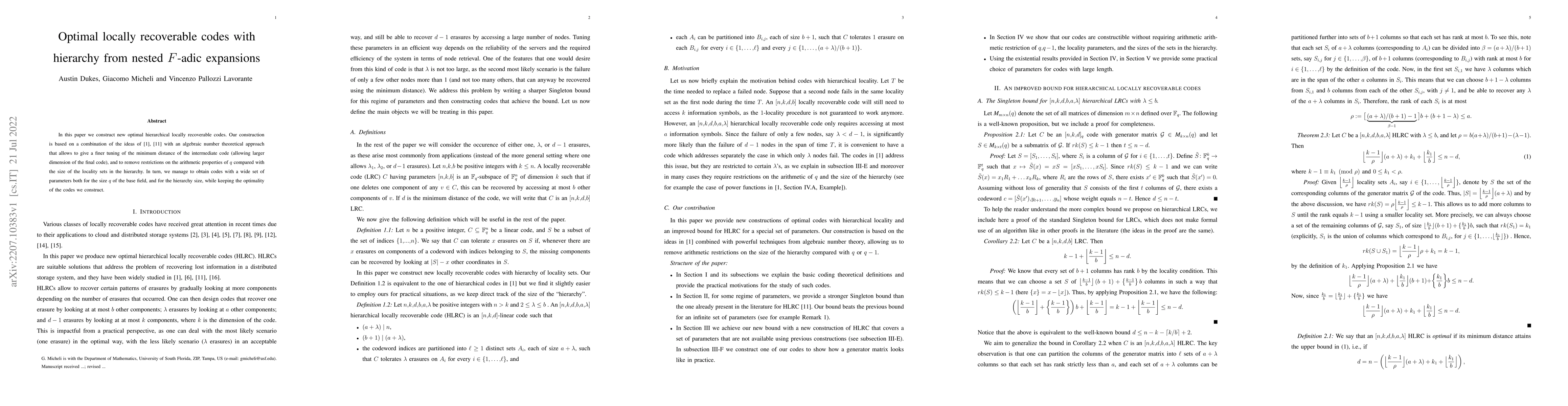 Thumbnail for Optimal locally recoverable codes with hierarchy from nested $F$-adic
  expansions