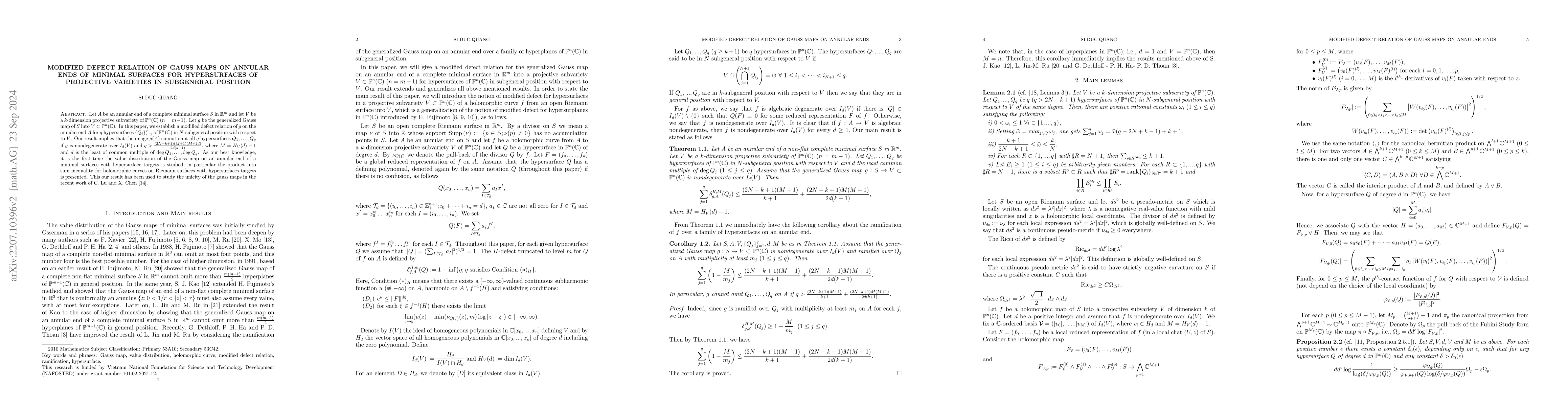Thumbnail for Modified defect relation of Gauss maps on annular ends of minimal
  surfaces for hypersuraces of projective varieties in subgeneral position