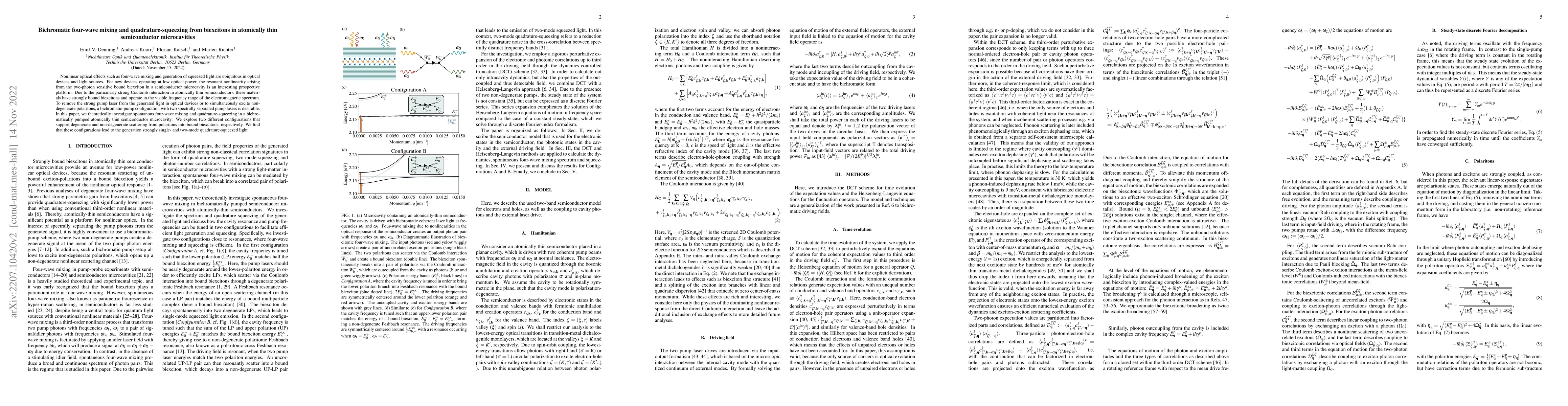 Thumbnail for Bichromatic four-wave mixing and quadrature-squeezing from biexcitons in
  atomically thin semiconductor microcavities