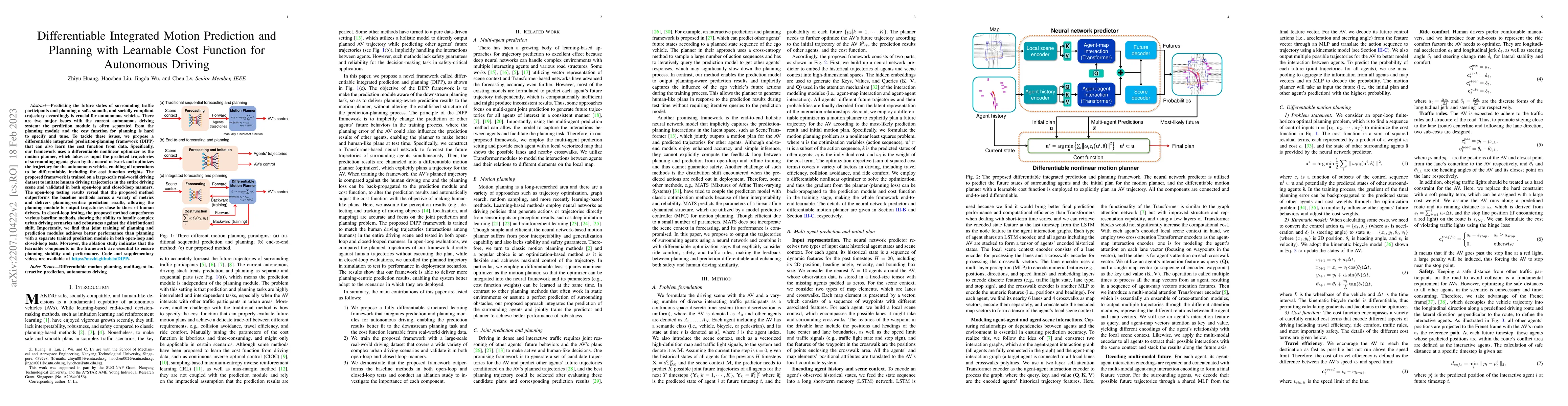Thumbnail for Differentiable Integrated Motion Prediction and Planning with Learnable
  Cost Function for Autonomous Driving