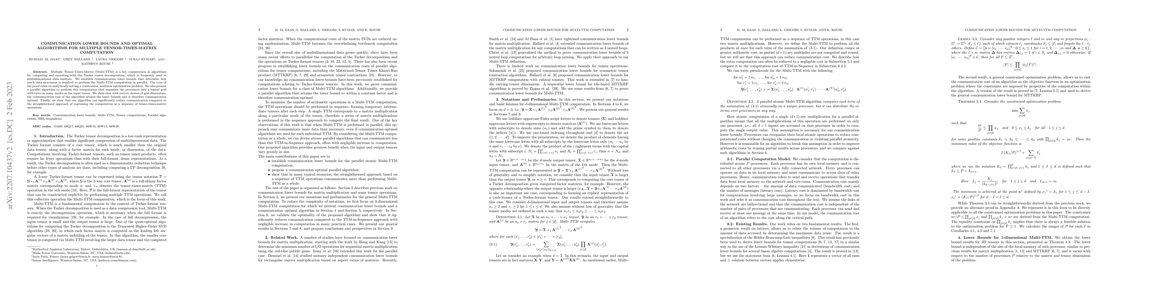 Thumbnail for Communication Lower Bounds and Optimal Algorithms for Multiple
  Tensor-Times-Matrix Computation