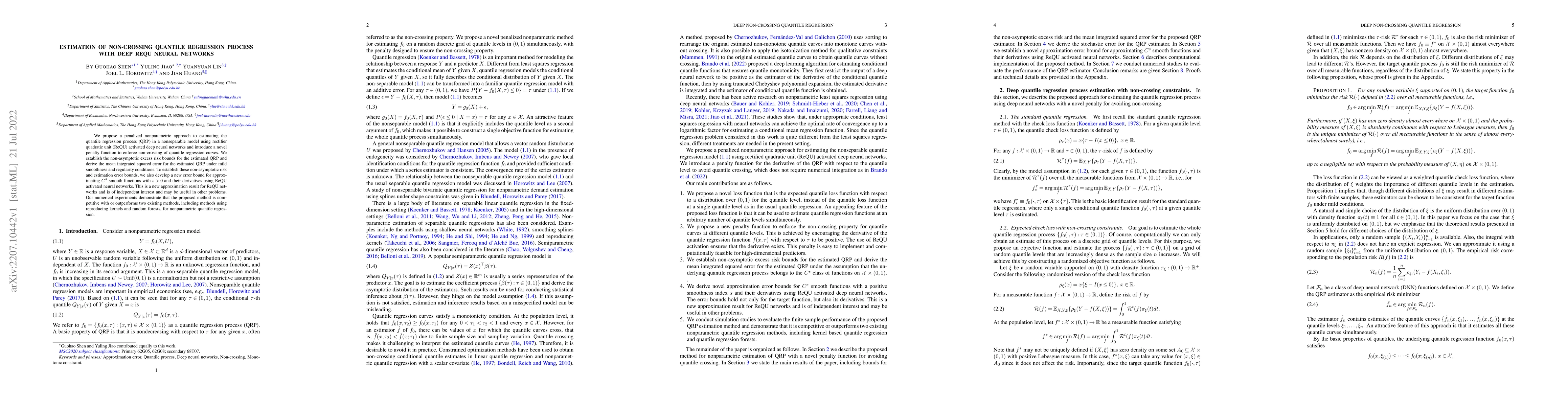 Thumbnail for Estimation of Non-Crossing Quantile Regression Process with Deep ReQU
  Neural Networks