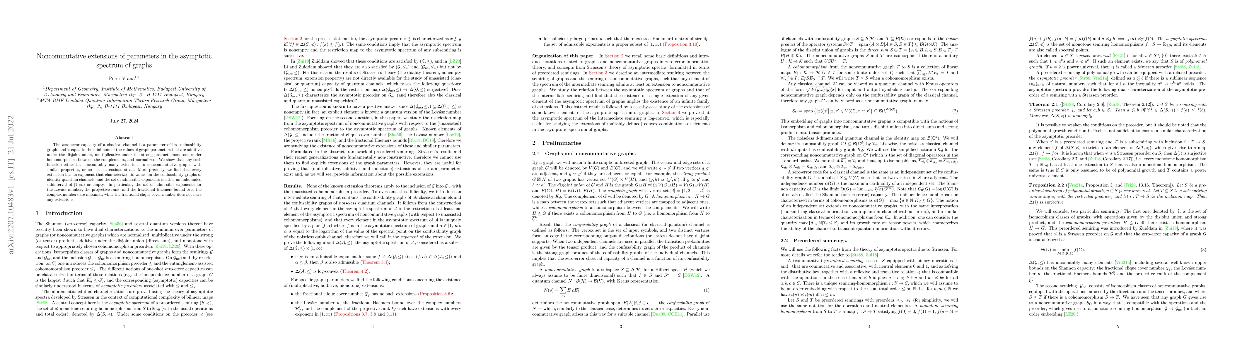 Thumbnail for Noncommutative extensions of parameters in the asymptotic spectrum of
  graphs
