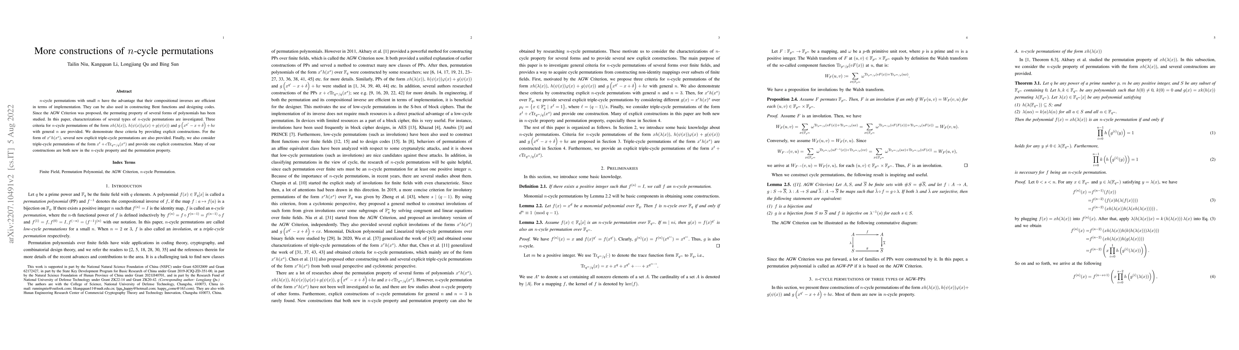 Thumbnail for More constructions of $n$-cycle permutations