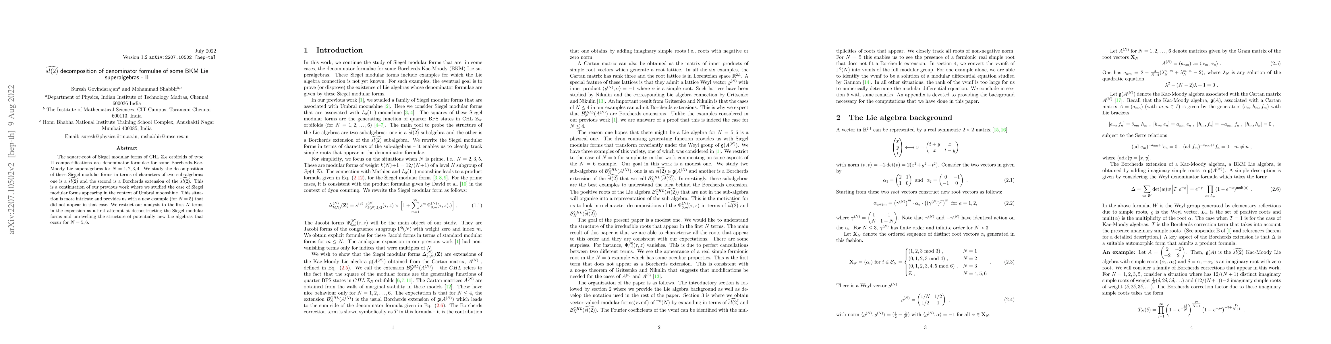 Thumbnail for $\widehat{sl(2)}$ decomposition of denominator formulae of some BKM Lie
  superalgebras -- II