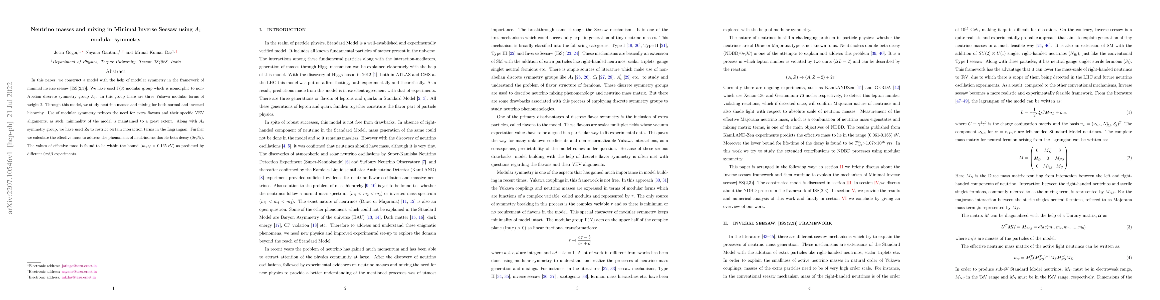 Thumbnail for Neutrino masses and mixing in Minimal Inverse Seesaw using $A_4$ modular
  symmetry