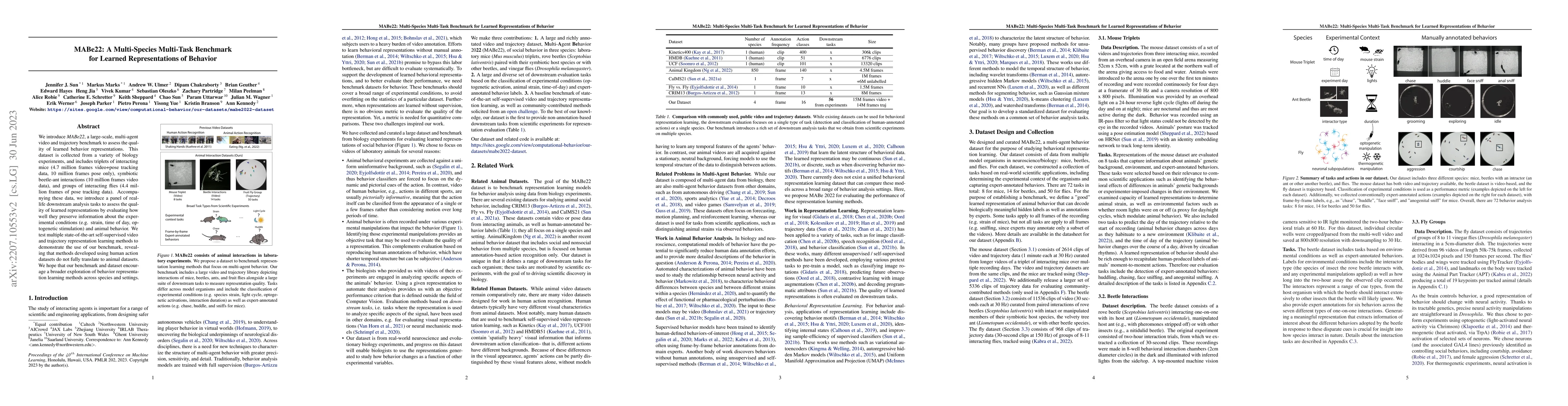 Thumbnail for MABe22: A Multi-Species Multi-Task Benchmark for Learned Representations
  of Behavior