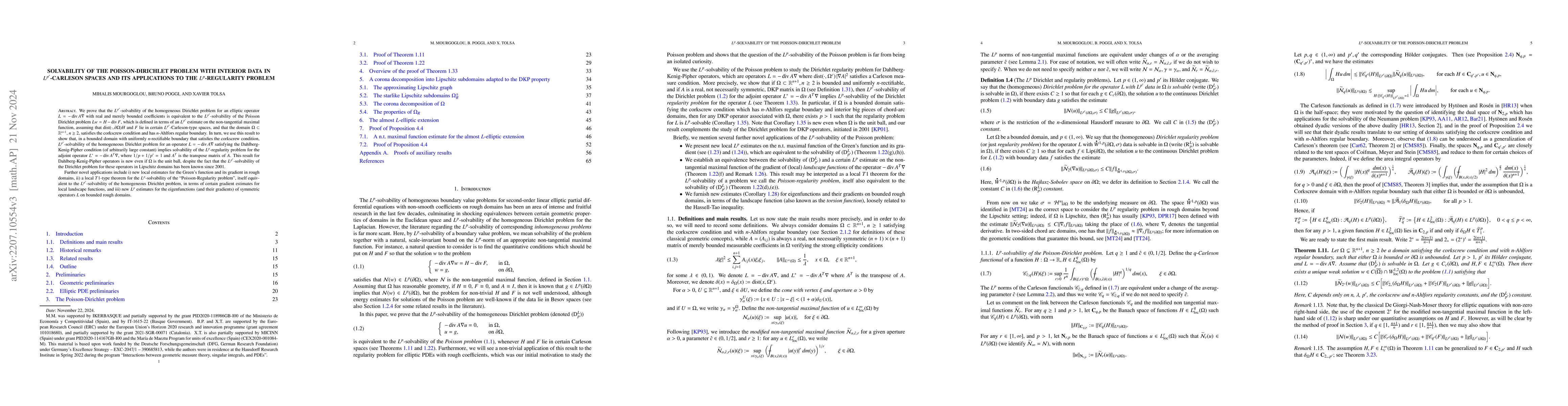 Thumbnail for Solvability of the Poisson-Dirichlet problem with interior data in
  $L^{p'}$-Carleson spaces and its applications to the $L^{p}$-regularity
  problem