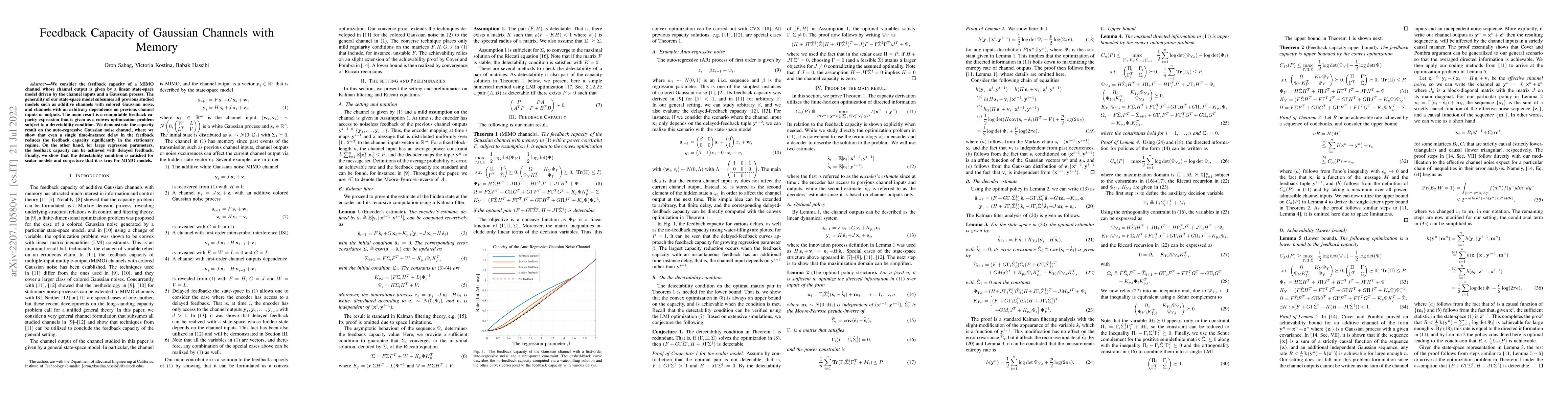 Thumbnail for Feedback capacity of Gaussian channels with memory