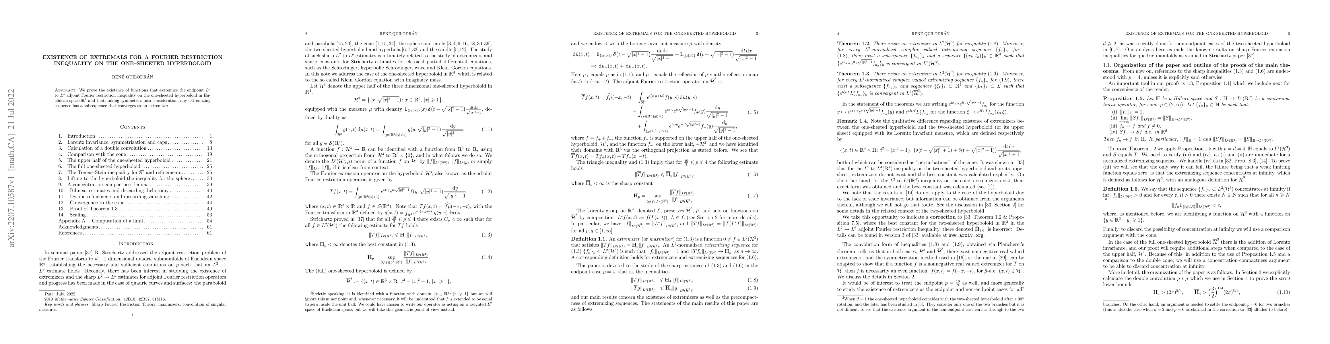 Thumbnail for Existence of extremals for a Fourier restriction inequality on the
  one-sheeted hyperboloid
